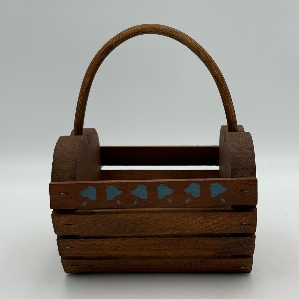 Vintage Wooden Heart Basket Small Rustic Slatted Crate Blue Floral Hand Painted